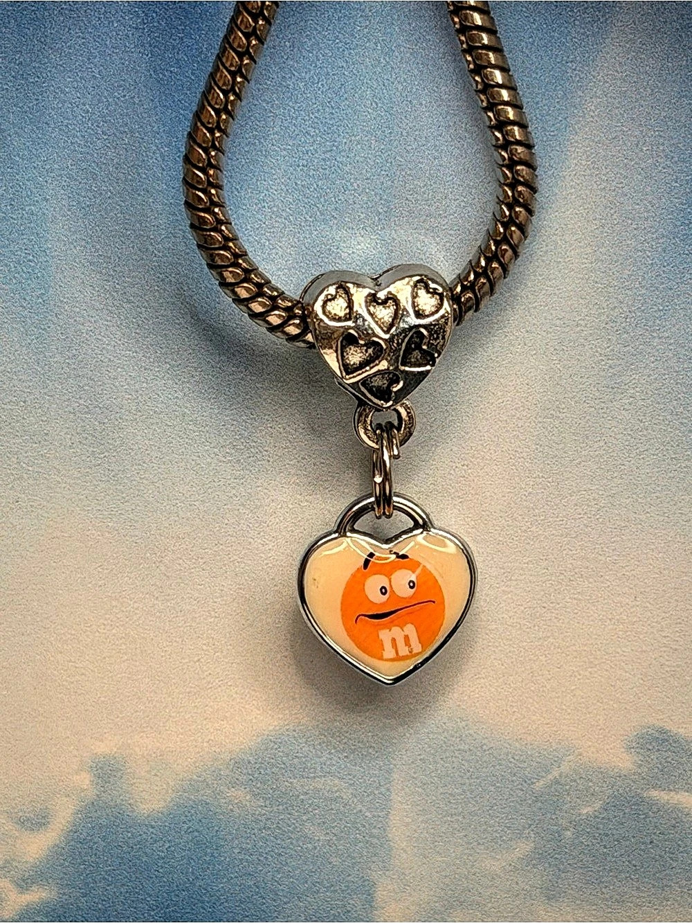 Orange M&M white heart charm pendant